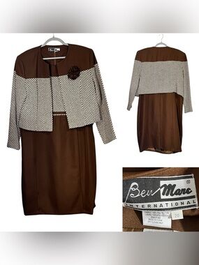 Ben Marc Church Suit Brown Two-Piece Dress set w/ Jacket Sz 20 brown Houndstooth